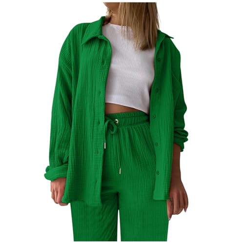 Zweiteiler Damen Sommer Musselin Bluse Hemd Lang Hose Musselin Zweiteiler Damen Sommer Outfit Leicht Urlaub Freizeit Oberteile Strand Loungewear Freizeitanzug Outfit Casual Loungewear (Green, XL) von Orbgons
