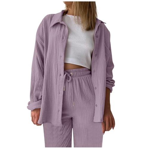 Zweiteiler Damen Sommer Musselin Bluse Hemd Lang Hose Musselin Zweiteiler Damen Sommer Outfit Leicht Urlaub Freizeit Oberteile Strand Loungewear Freizeitanzug Outfit Casual Loungewear (Purple, XL) von Orbgons