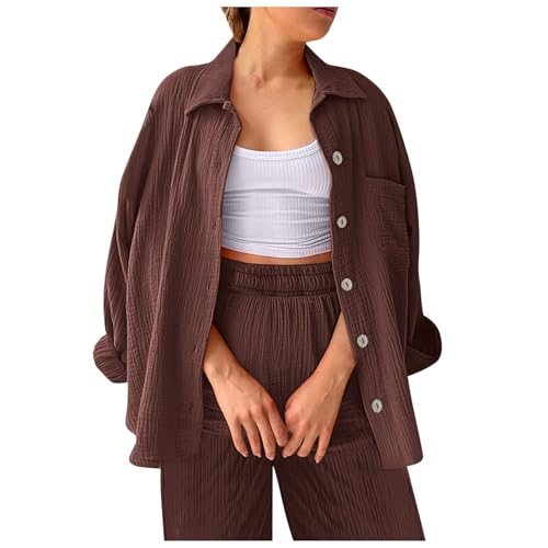 Zweiteiler Damen Sommer Musselin Bluse Hemd Lang Hose Musselin Zweiteiler Damen Sommer Outfit Leicht Urlaub Freizeit Oberteile Strand Loungewear Freizeitanzug Outfit Casual Loungewear (Z01-Coffee, M) von Orbgons