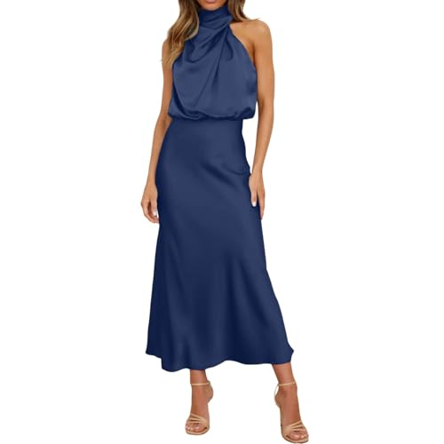abendkleider elegant für hochzeit, Damen Elegant Ärmellos Neckholder Satin Sommer Hochzeit Lang Abendkleider Elastische Taille Cocktailkleid Formal Hochzeitsgast Party Maxi Kleider (Dark Blue, S) von Orbgons