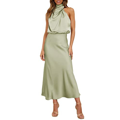 abendkleider elegant für hochzeit, Damen Elegant Ärmellos Neckholder Satin Sommer Hochzeit Lang Abendkleider Elastische Taille Cocktailkleid Formal Hochzeitsgast Party Maxi Kleider (Green #2, S) von Orbgons