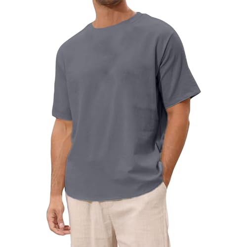 leinen Shirt Herren Oversized, Shirt Kurzarm Basic Rundhals T-Shirts für Herren Sommer Oberteil Tops Übergroßes Longshirt Einfarbig Loose Fit Leicht Atmungsaktiv Sportshirts (Grey, M) von Orbgons