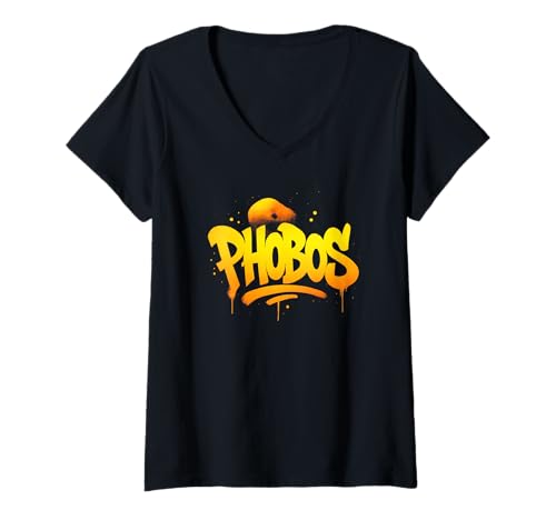Damen Phobos Graffiti Cosmic Typografie T-Shirt mit V-Ausschnitt Damen Phobos Graffiti Cosmic Typografie T-Shirt mit V-Ausschnitt von Orbit Street