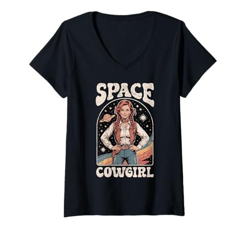Damen Space Cowgirl im feministischen Retro-Space-Western-Stil T-Shirt mit V-Ausschnitt Damen Space Cowgirl im feministischen Retro-Space-Western-Stil T-Shirt mit V-Ausschnitt von OrbitCowgirl