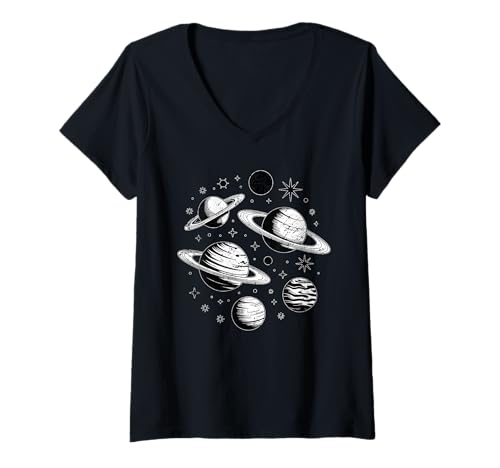 Damen Vintage-Tintenlinie, astronomische Sternenkarte im Retro-Stil T-Shirt mit V-Ausschnitt Damen Vintage-Tintenlinie, astronomische Sternenkarte im Retro-Stil T-Shirt mit V-Ausschnitt von OrbitSketch