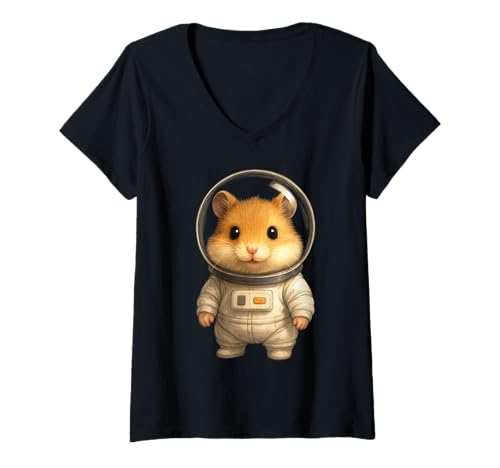 Damen Niedlicher Hamster-Astronautenanzug Kawaii Kosmisches Kunstwerk T-Shirt mit V-Ausschnitt Damen Niedlicher Hamster-Astronautenanzug Kawaii Kosmisches Kunstwerk T-Shirt mit V-Ausschnitt von Orbital Pals