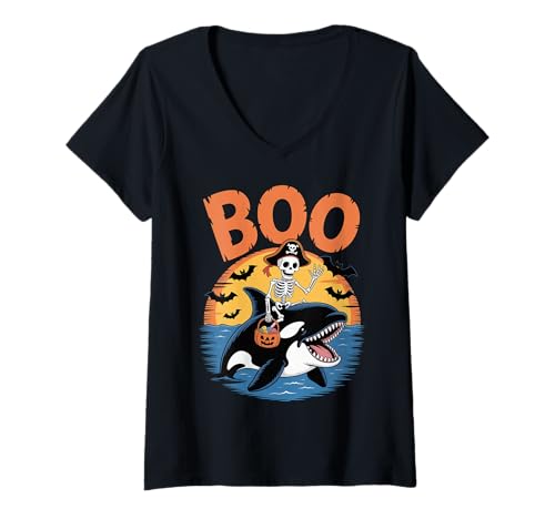 Damen Gruseliges Orca Kostüm an Boo Orca Halloween T-Shirt mit V-Ausschnitt von Orca Halloween kids, women, men