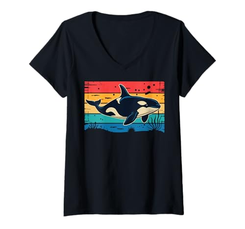 Damen Orca Wal Retro T-Shirt mit V-Ausschnitt von Orca Wal Vintage Meeresbiologe