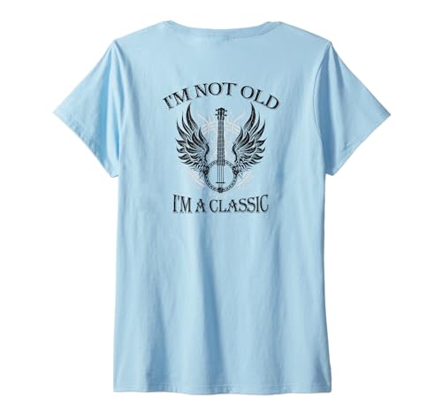 Damen Backprint | Banjo Old-Retired Bluegrass-Country-Musik Banjo T-Shirt mit V-Ausschnitt von Orchester-Musik-Instrument Zubehör Geschenke Shirt
