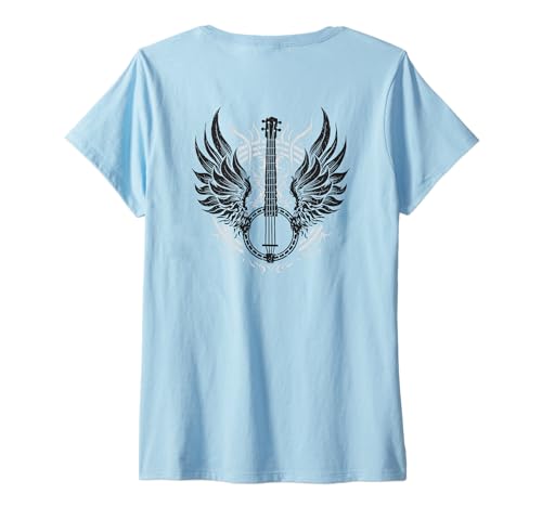 Damen Backprint | Banjospieler Banjo Country-Musik, Banjo T-Shirt mit V-Ausschnitt von Orchester-Musik-Instrument Zubehör Geschenke Shirt