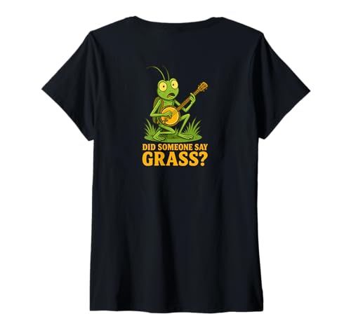 Damen Backprint | Grasshüpfer-Banjo Bluegrass-Festival Musik Banjo T-Shirt mit V-Ausschnitt von Orchester-Musik-Instrument Zubehör Geschenke Shirt