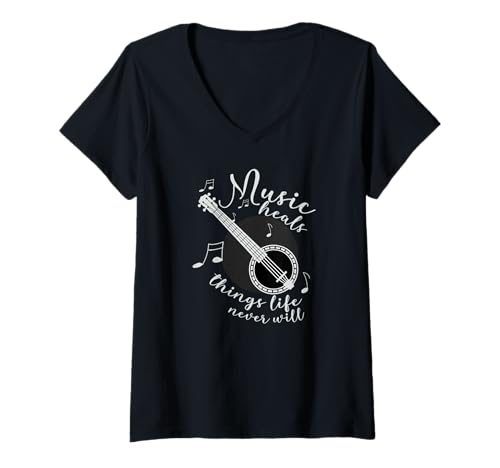 Damen Banjospieler Banjo String-Instrument, lustige Sprüche Banjo T-Shirt mit V-Ausschnitt von Orchester-Musik-Instrument Zubehör Geschenke Shirt