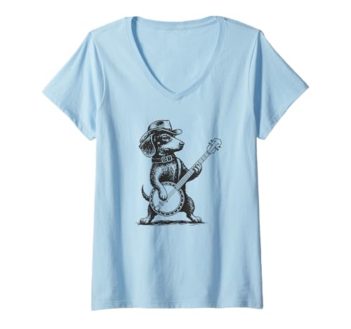 Damen Dachshund-Dackel Banjospieler Banjo Country-Musik, Banjo T-Shirt mit V-Ausschnitt von Orchester-Musik-Instrument Zubehör Geschenke Shirt