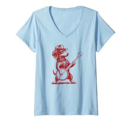 Damen Dachshund-Dackel Banjospieler Banjo Country-Musik, Banjo T-Shirt mit V-Ausschnitt von Orchester-Musik-Instrument Zubehör Geschenke Shirt