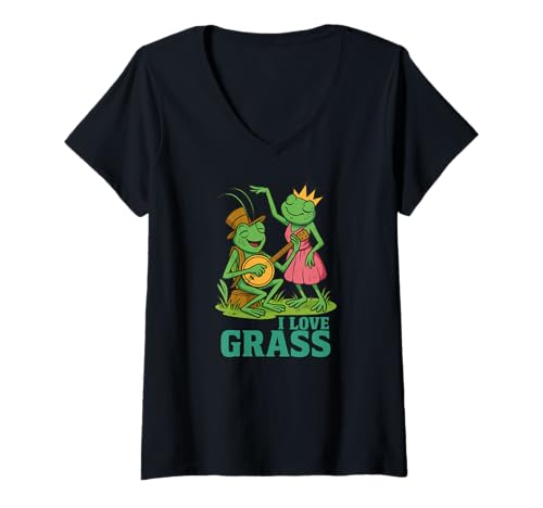 Damen Grasshüpfer-Banjo Love-Bluegrass-Music, Country-Musik Banjo T-Shirt mit V-Ausschnitt von Orchester-Musik-Instrument Zubehör Geschenke Shirt