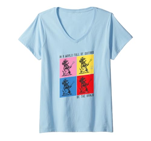 Damen Lustige Dackel-Dachshund Banjo-Instrument Banjospieler Banjo T-Shirt mit V-Ausschnitt von Orchester-Musik-Instrument Zubehör Geschenke Shirt