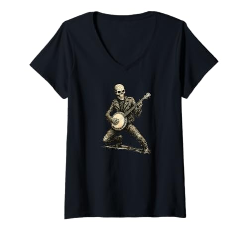 Damen Skeleton-Banjo Bluegrass-Festival Banjo Country-Musik Banjo T-Shirt mit V-Ausschnitt von Orchester-Musik-Instrument Zubehör Geschenke Shirt