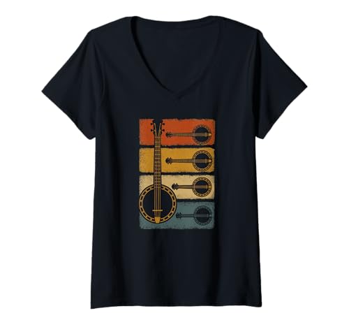 Damen Vintage Banjo Banjospieler Banjo Country-Musik, Banjo T-Shirt mit V-Ausschnitt von Orchester-Musik-Instrument Zubehör Geschenke Shirt