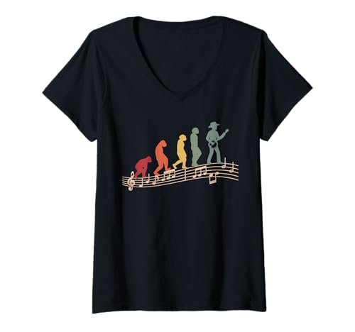 Damen Vintage Banjo Evolution Bluegrass-Festival Musik Banjo T-Shirt mit V-Ausschnitt von Orchester-Musik-Instrument Zubehör Geschenke Shirt