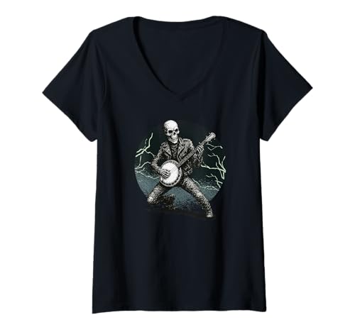 Damen Vintage Banjospieler Banjo Country-Musik Bluegrass-Banjo T-Shirt mit V-Ausschnitt von Orchester-Musik-Instrument Zubehör Geschenke Shirt