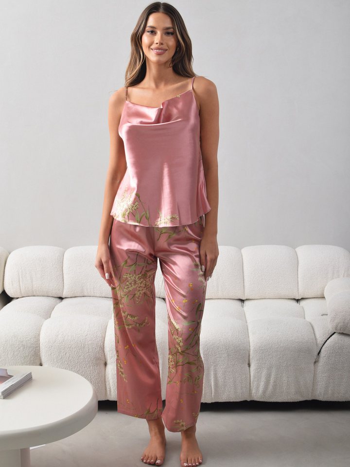 Orchibelle Capri-Pyjama Pyjama Set – Damen Schlafanzug mit Blumenmuster (Set, 2 tlg., Oberteil + Hose) Luxuriöse Loungewear & Nachtwäsche – Satin von Orchibelle