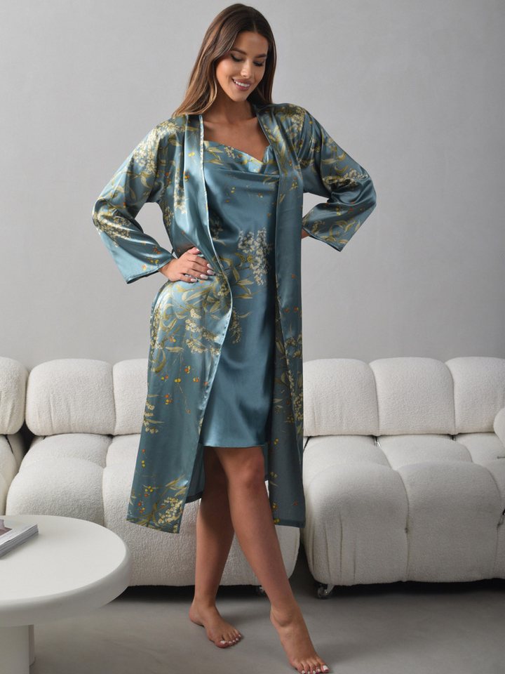 Orchibelle Morgenmantel Luxuriöses Satin Nachtwäsche Set – Damen Kimono & Nachthemd, Bindegürtel, Spaghettiträger, Wasserfallausschnitt, Gürtel, Loungewear & Pyjama Set – Schlafanzug mit Negligee & Robe von Orchibelle