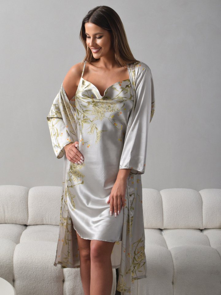 Orchibelle Morgenmantel Luxuriöses Satin Nachtwäsche Set – Damen Kimono & Nachthemd, Bindegürtel, Spaghettiträger, Wasserfallausschnitt, Gürtel, Loungewear & Pyjama Set – Schlafanzug mit Negligee & Robe von Orchibelle