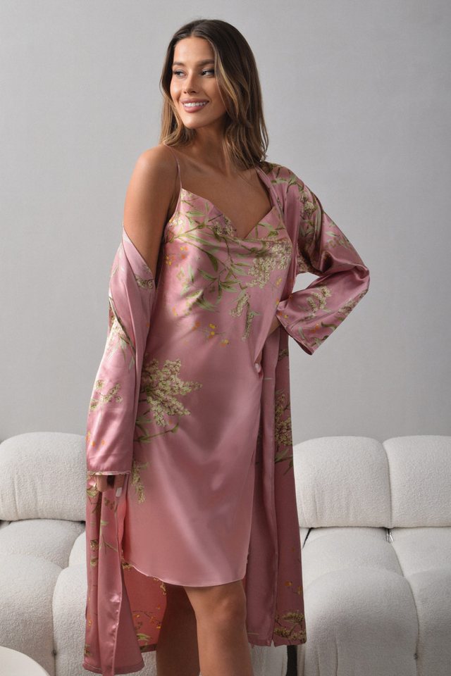 Orchibelle Morgenmantel Luxuriöses Satin Nachtwäsche Set – Damen Kimono & Nachthemd, Bindegürtel, Spaghettiträger, Wasserfallausschnitt, Gürtel, Loungewear & Pyjama Set – Schlafanzug mit Negligee & Robe von Orchibelle