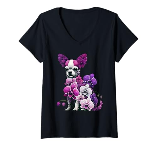 Damen Orchid Chihuahua Dog Flower Gardening Floral T-Shirt mit V-Ausschnitt von Orchid Dogs Lover Flower Gardening Apparel