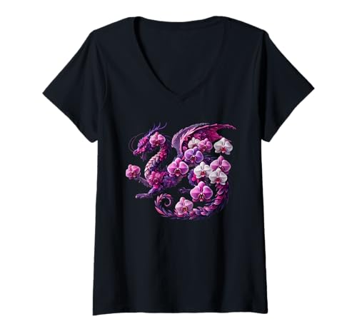 Damen Orchid Dragon Flower Fantasy Floral T-Shirt mit V-Ausschnitt Damen Orchid Dragon Flower Fantasy Floral T-Shirt mit V-Ausschnitt von Orchid Dragons Flower Apparel