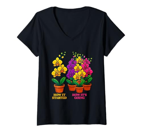 Damen How It Started How is Going Orchid T-Shirt mit V-Ausschnitt Damen How It Started How is Going Orchid T-Shirt mit V-Ausschnitt von Orchid Flower Botanical
