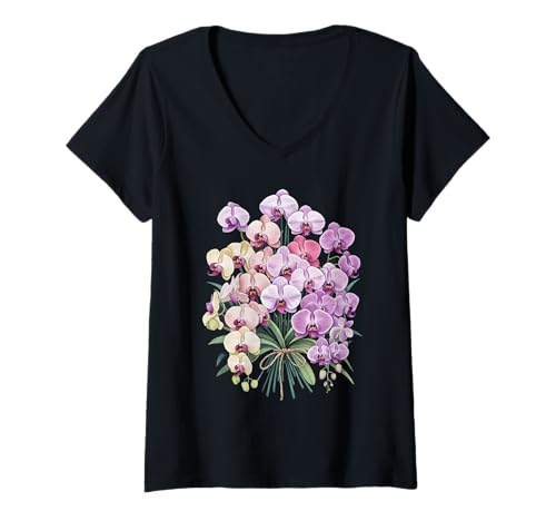 Damen Orchideenstrauß T-Shirt mit V-Ausschnitt Damen Orchideenstrauß T-Shirt mit V-Ausschnitt von Orchid Flower Botanical