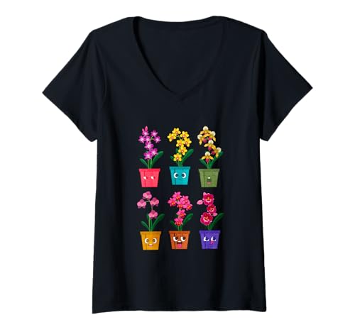 Damen Orchideentöpfe Pflanzenliebhaber T-Shirt mit V-Ausschnitt von Orchid Flower Botanical