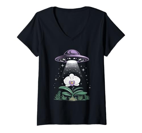 Damen UFO Orchidee T-Shirt mit V-Ausschnitt Damen UFO Orchidee T-Shirt mit V-Ausschnitt von Orchid Flower Botanical