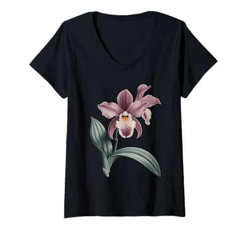 Damen Vintage Orchidee Blume T-Shirt mit V-Ausschnitt Damen Vintage Orchidee Blume T-Shirt mit V-Ausschnitt von Orchid Flower Botanical