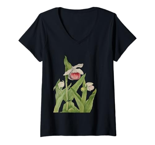 Damen Rosa und Weiß Damen Slipper Botanical Vector T-Shirt mit V-Ausschnitt von Orchid Flower Gifts & Orchid Flora Tees by taiche