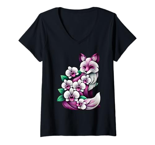 Damen Orchid Fox Flower Gardening Floral T-Shirt mit V-Ausschnitt von Orchid Foxes Flower Gardening Apparel