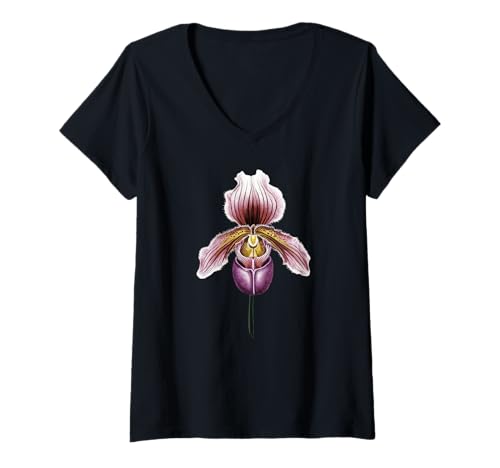Damen Paphiopedilum Orchidee Frauenschuh Blüte Orchideen T-Shirt mit V-Ausschnitt von Orchideen und Blumen