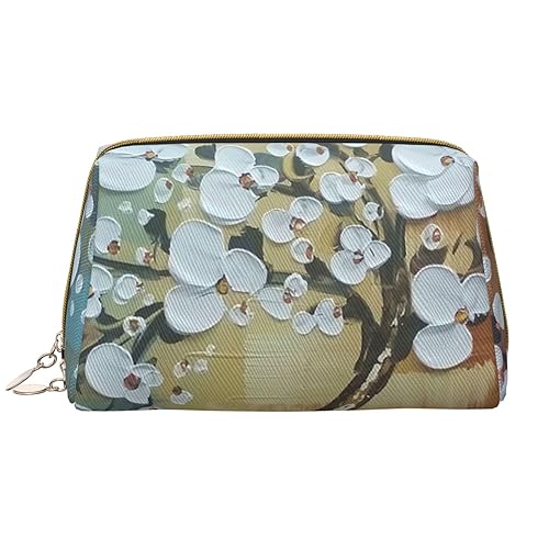 Abstrakte weiße Blumen Print Leder Kosmetiktasche Tragbare Wasserdichte Make-up-Tasche Reise Kulturbeutel Make-up Organizer für Mädchen Frauen Frau Geschenk, weiß, Einheitsgröße von OrcoW