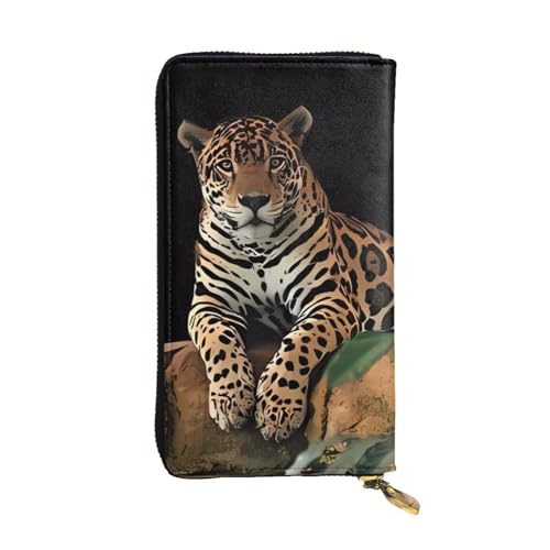 Afrikanischer Leopard auf Felsdruck, lange Ledergeldbörse für Männer und Frauen, wasserdicht, tragbar, Clutch, Münzgeldbörse für Reisen, Mädchen, Einkaufen, Büro, Geschenk, Schwarz , Einheitsgröße von OrcoW