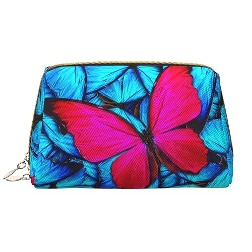 Blaue und rosa Schmetterlinge Print Leder Kosmetiktasche Tragbare Wasserdichte Make-up-Tasche Reise Kulturbeutel Make-up Organizer für Mädchen Frauen Frau Geschenk, weiß, Einheitsgröße von OrcoW