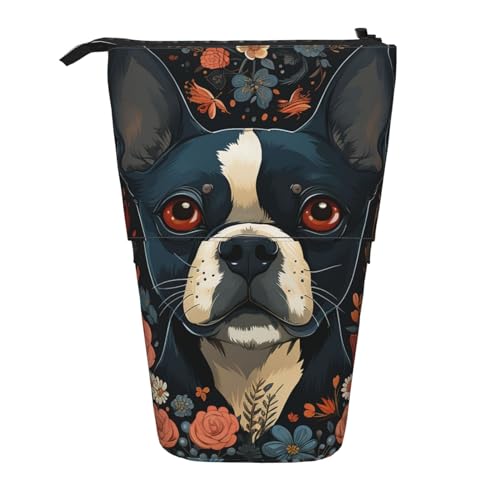 Boston Terrier Welpe Stehendes Federmäppchen, niedliche Stifttasche, Teleskop-Schreibwaren-Tasche, Make-up-Kosmetiktasche für Damen, Büro von OrcoW