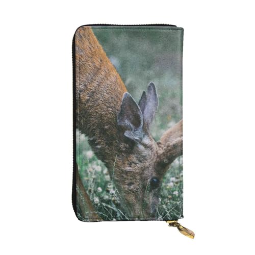 Buck On The Grass Print Leder Geldbörse Lange Geldbörse Clutch Bag Münzfach Reisebrieftasche Wasserdicht Kreditkartenetui für Männer Frauen, Schwarz , Einheitsgröße von OrcoW