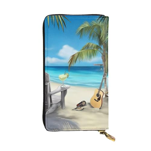 Gitarre am Strand Druck Lange Leder Geldbörse für Männer Frauen Wasserdicht Tragbare Clutch Tasche Münzbörse für Reisen Mädchen Einkaufen Büro Geschenk, Schwarz , Einheitsgröße von OrcoW