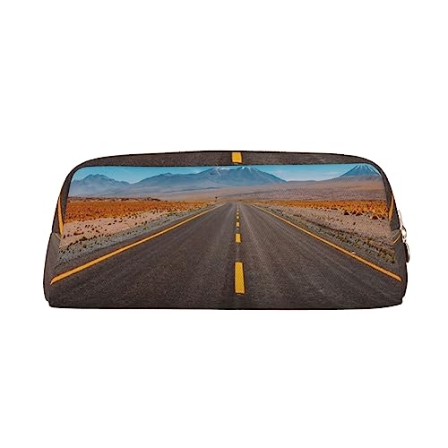 Highway Road in Desert Landscape Printed Pencil Case Leather Makeup Bag Portable Travel Toiletry Bag Zipper Small Storage Bag for Women Girls, gold, Einheitsgröße, Kulturbeutel von OrcoW