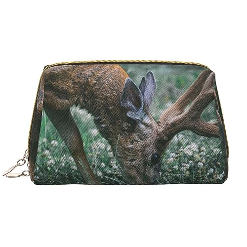 Kosmetiktasche aus Leder, Motiv: Buck On The Grass Print, tragbar, wasserdicht, Make-up-Tasche, Reise-Kulturbeutel, Make-up-Organizer für Mädchen, Frauen, Ehefrau, Geschenk, weiß, Einheitsgröße von OrcoW