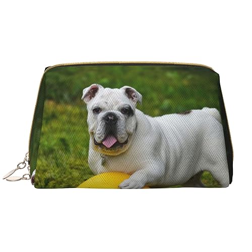 Kosmetiktasche aus Leder, Motiv: Bulldogge mit gelbem Balldruck, tragbar, wasserdicht, Make-up-Tasche, Reise-Kulturbeutel, Make-up-Organizer für Mädchen, Frauen, Ehefrau, Geschenk, weiß, Einheitsgröße von OrcoW