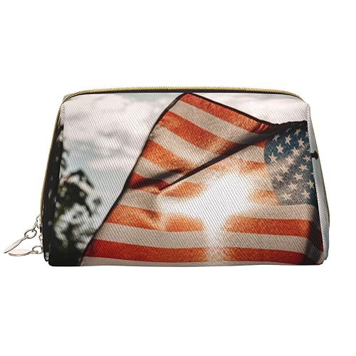 Kosmetiktasche aus Leder, Motiv: amerikanische Flagge in der Sonne, tragbar, wasserdicht, Make-up-Tasche, Reise-Kulturbeutel, Make-up-Organizer für Mädchen, Frauen, Ehefrau, Geschenk, weiß, von OrcoW