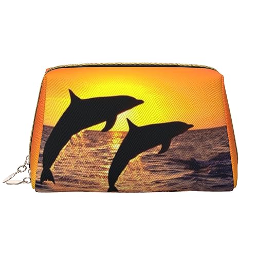 Kosmetiktasche aus Leder, Strand-Sonnenuntergang mit Delfinen, tragbar, wasserdicht, Make-up-Tasche, Reise-Kulturbeutel, Make-up-Organizer für Mädchen, Frauen, Ehefrau, Geschenk, weiß, Einheitsgröße von OrcoW