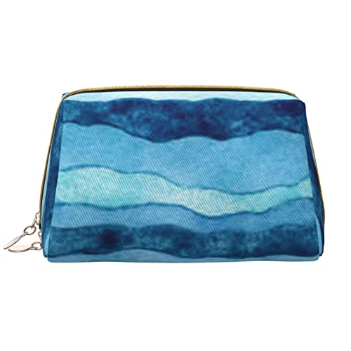 Kosmetiktasche aus Leder mit blauen Wellen und Streifen, tragbar, wasserdicht, Make-up-Tasche, Reise-Kulturbeutel, Make-up-Organizer für Mädchen, Frauen, Ehefrau, Geschenk, weiß, Einheitsgröße von OrcoW